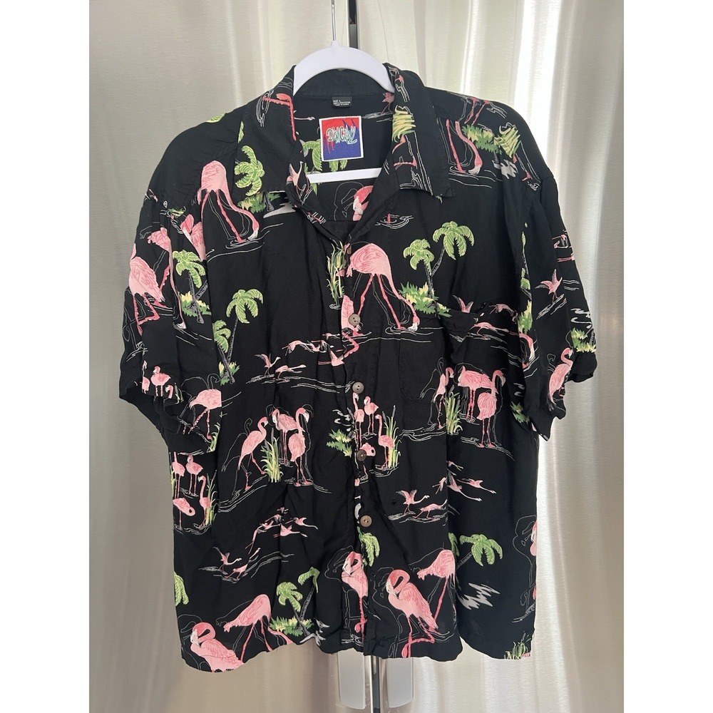 VINTAGE Dem Crazy Flamingo Hawaiian Shirt Mens L Black Pink Tropical Button Up